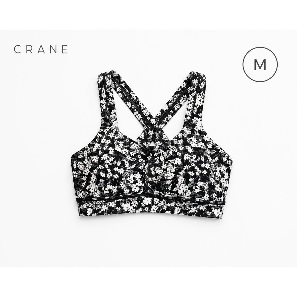 Crane Floral Sports Bra Medium Black White Strappy Racerback Activewear